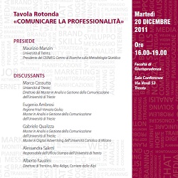 Tavola rotonda “Comunicare la professionalità”, Università di Trento, 20 dicembre.